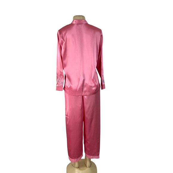 Morgan Taylor Luxurious Pink Satin Floral Embroidered Pajama Set Sz L - New - Picture 3 of 16